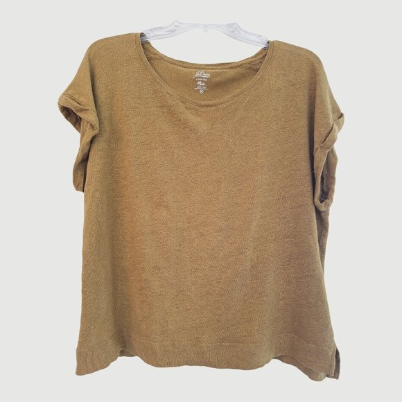 J Crew 100% Linen Tee Women's XL T Shirt Mustard Olive Green L4596 Roll Sleeves - Picture 5 of 8